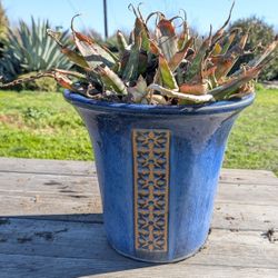 Vintage Blue Ceramic Planter with Raised Motif – Decorative Garden & Yard Pot