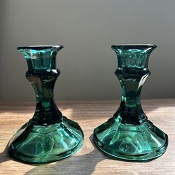 Vintage Emerald Green glass candlestick Holders 