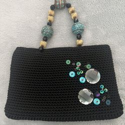 Black Handcrafted Evening Bag With Beaded Strap