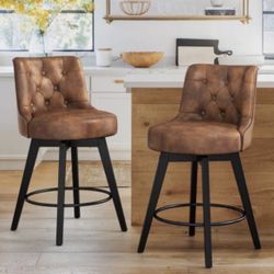 2X Brown 26” Swivel Faux Leather Barstools 