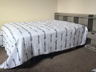 Gray Bookcase Headboard Bed Frame & mattress