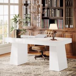 55" White Executive Desk, Mid-Century Home Office Desk with Double Trapezoid Base, Versatile Workstation Desk.