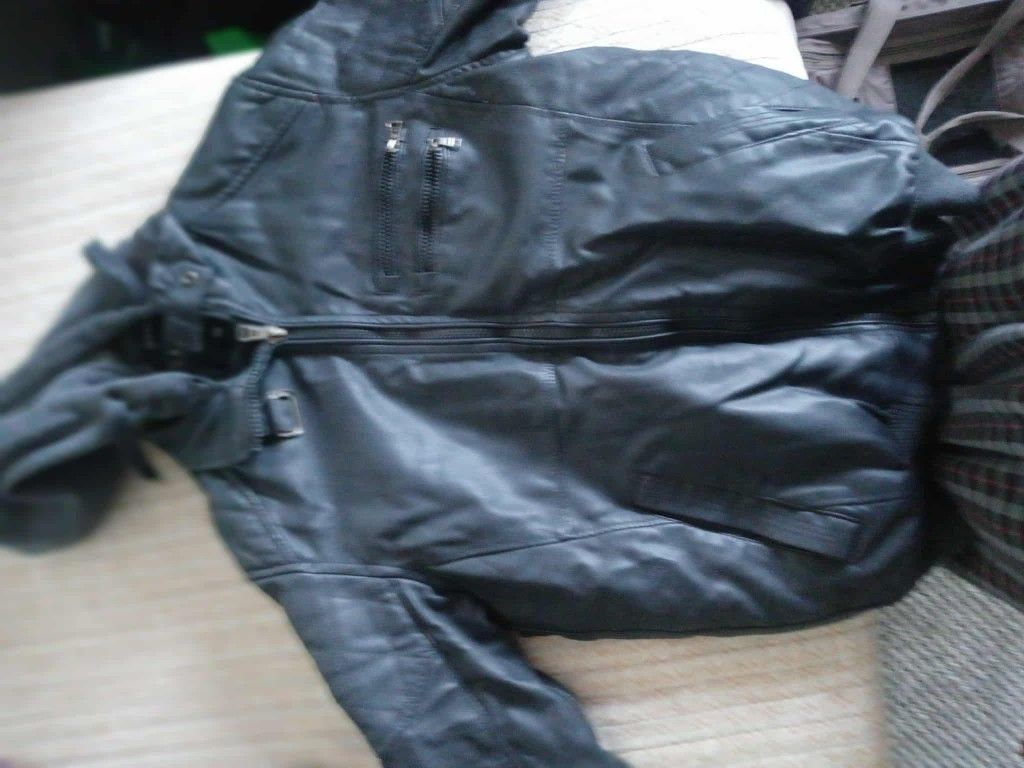 Used Men's Vertical Sports Blue Leather Jacket with Hoodie