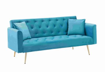 71 inch convertible love seat sofa, American retro, light blue velvet, suitable for small living room, bedroom, office