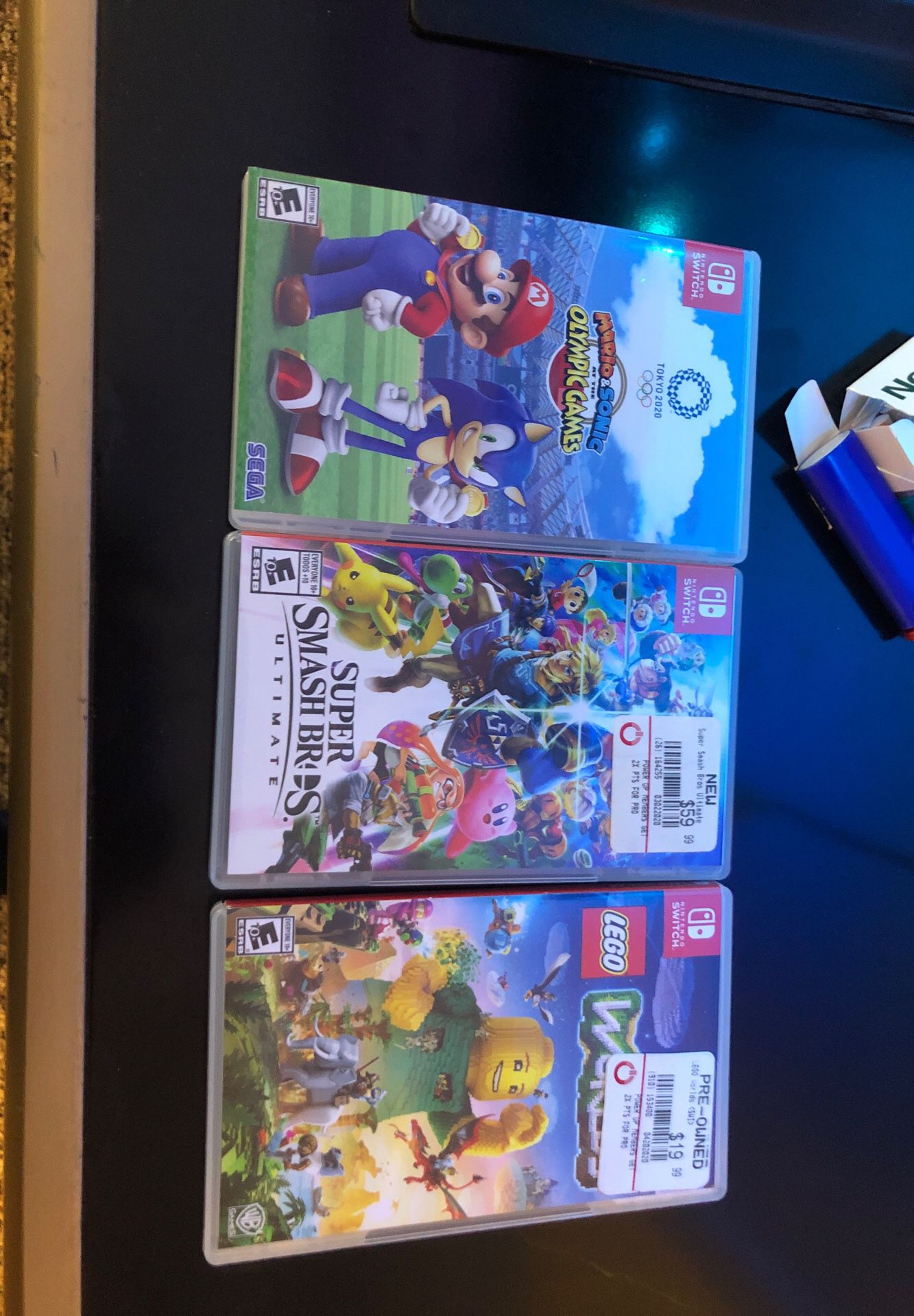 3 new Nintendo switch games ....super smash bros...Mario and sonic at the Olympic Games...and LEGO world
