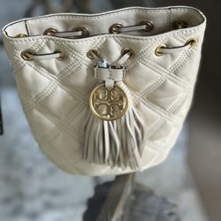 Tory Burch Fleming Cream Quilted Leather Tassel Mini Bucket Crossbody Bag