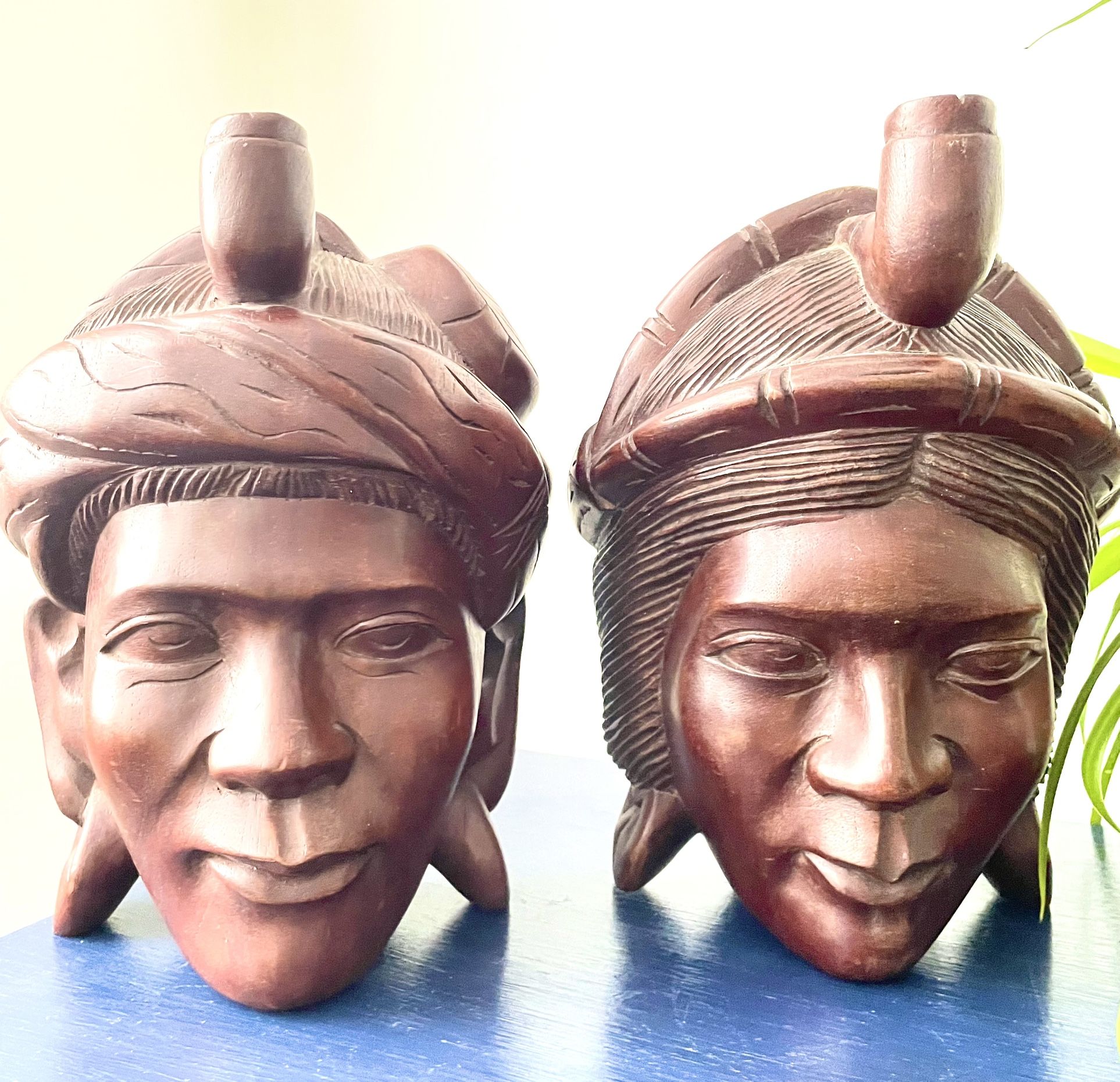 Vintage Hand Carved Wooden Tribal Head Sculptural Bookends