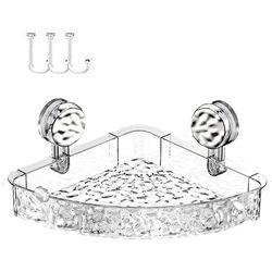 Suction Cup Corner Shower Shelf Corrugated Holder, Organizer with 3 Hooks No-Drill Bathroom Suction Storage Box for Kitchen Bathroom Hotel ( please fo