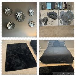 Dining room table 2 and tables queen, size bed, wall pictures