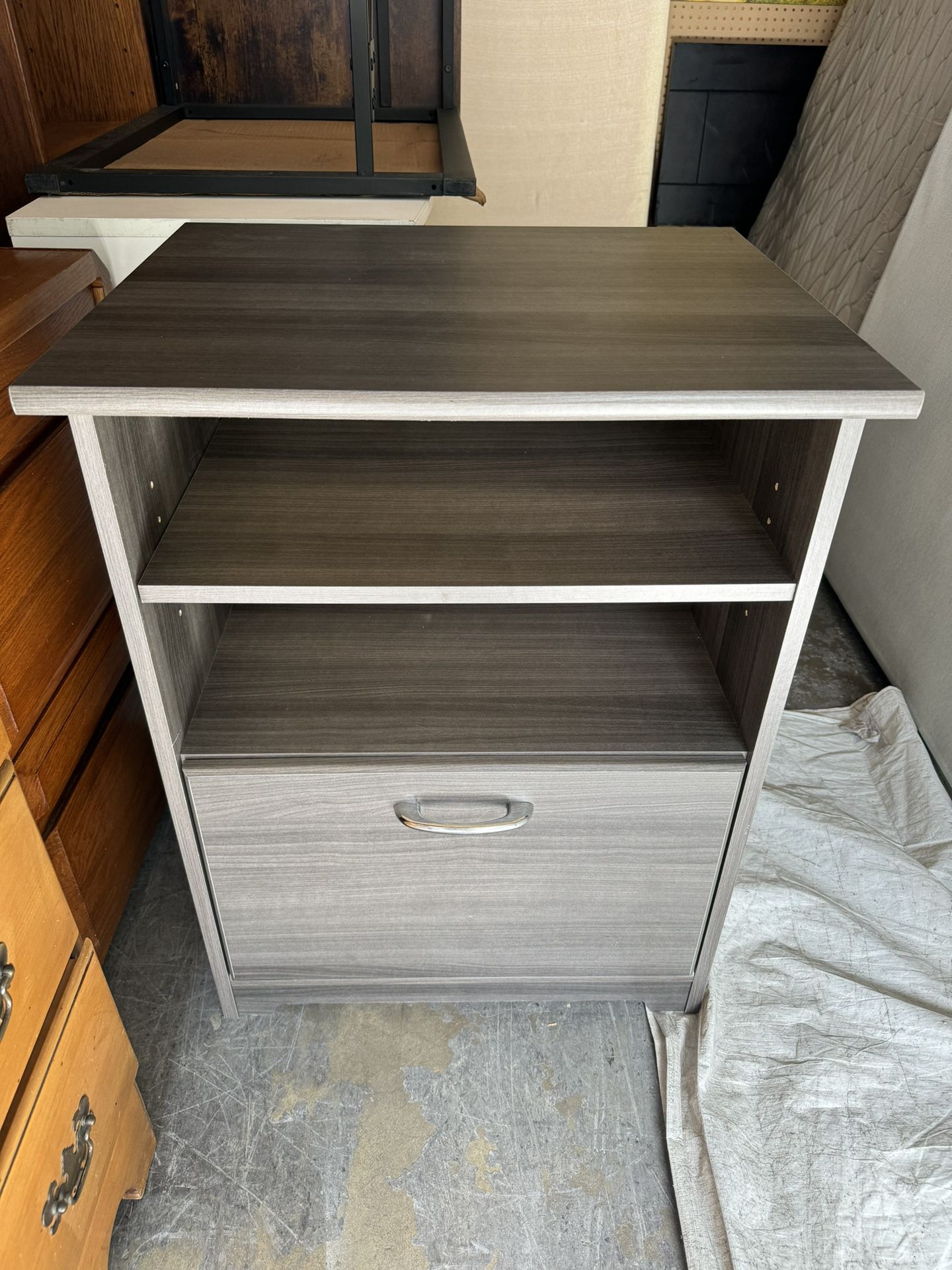 Like new Modern wooden 3- layer shelf printer stand  /microwave / pantry cabinet w/ file cabinet drawer.  measurements : 20 deep x 24W x 30 H . 