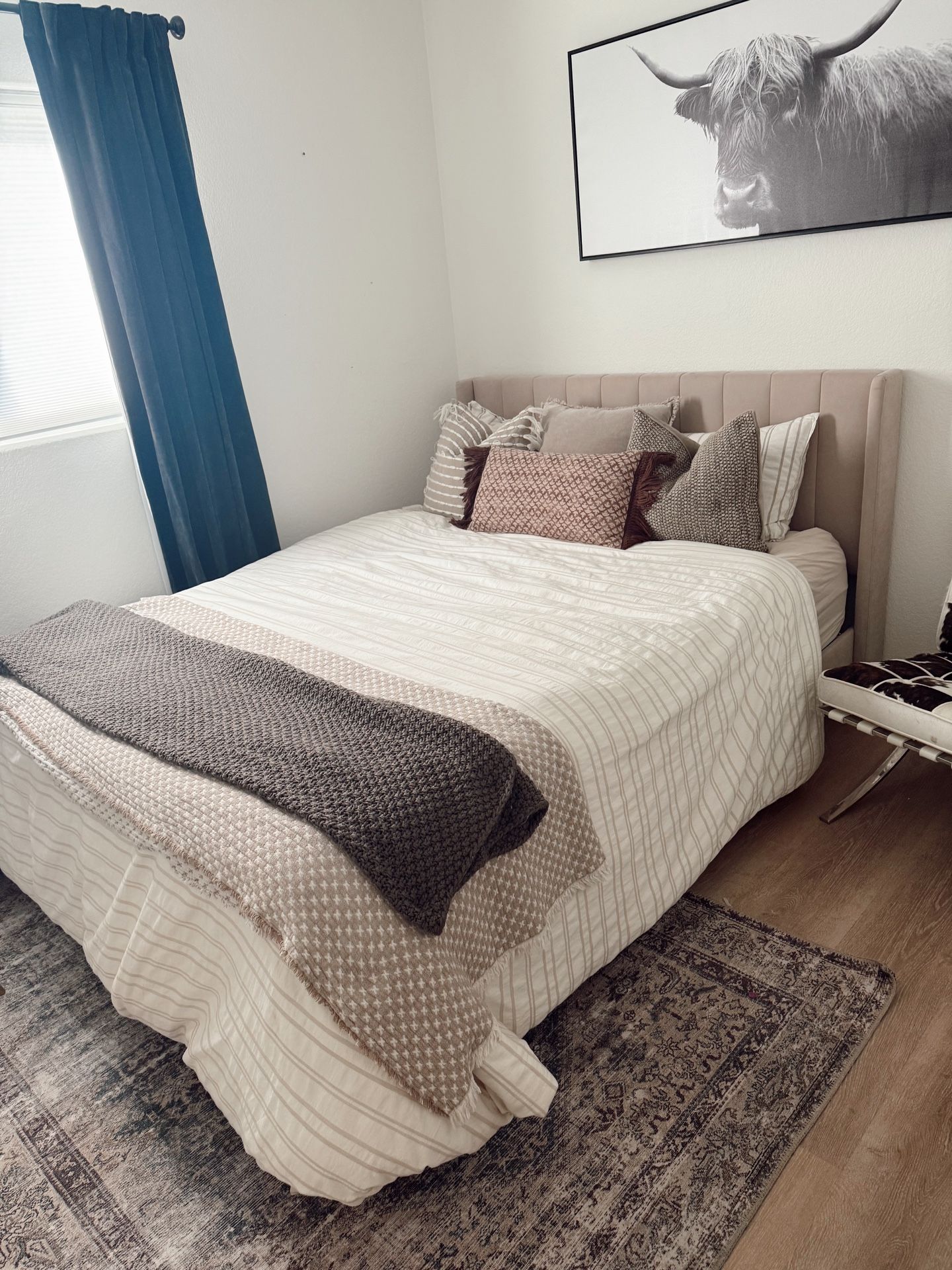 Beige Linen Low Profile Upholstered Queen Bed Frame