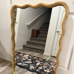 Scalloped Mirror With Wood - 23.6” X 37.7” Hanging Bathroom Mirror Makeup Mirror, Suitable for Decorating Bedrooms, Bathrooms, Living Rooms, Entrances