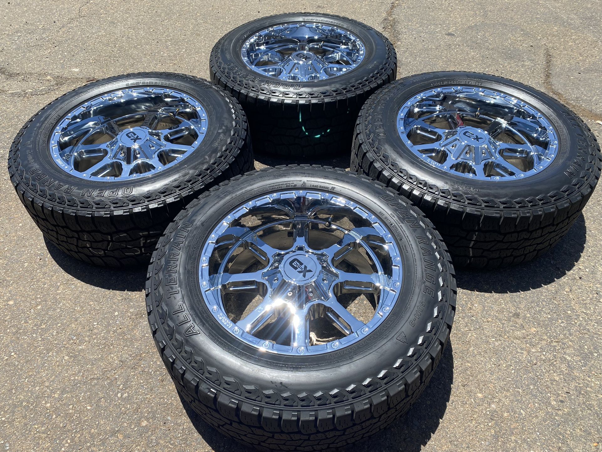 20x10 New XD Chrome Rims ( 8 lug ford f250 f350) & Open Range 295/60LT20 AT tires ~ great tread