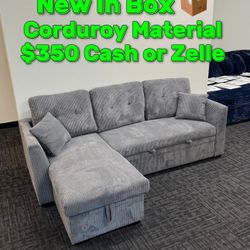 Corduroy Fabric Sofa Bed Couch 🛋️ Brand New With Pull Out Bed & Storage Underneath & Reversible L ✅