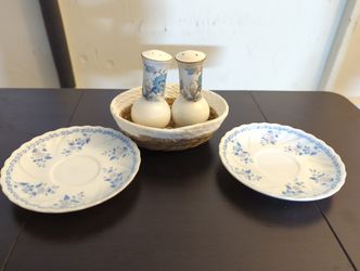 Vintage Noritake "Bleufleur" Salt & Pepper Shakers and "NT Fine China" Plates