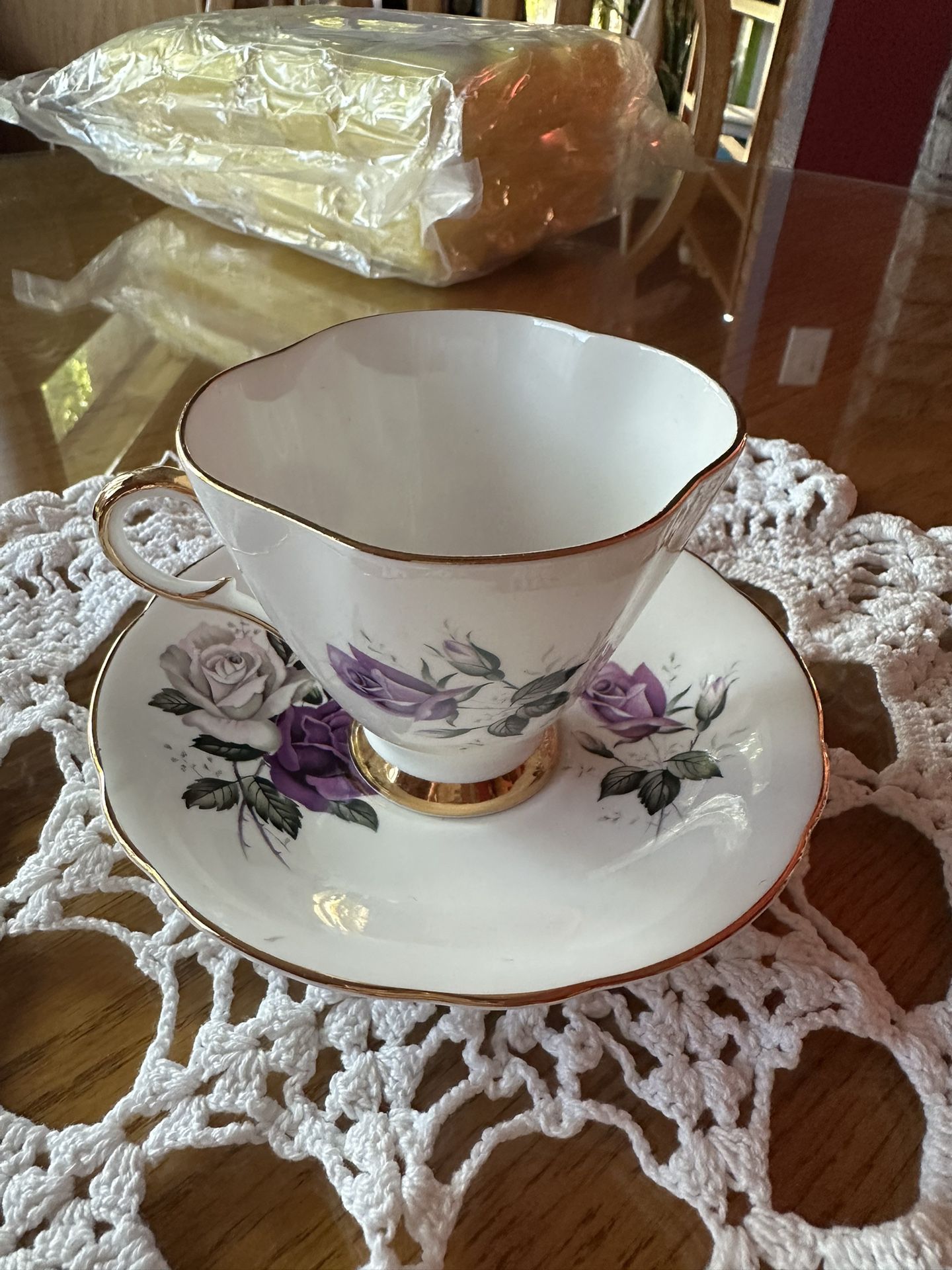 Cup & Saucer Made In England Beautiful Purple & White Roses