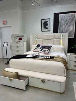 Modern & elegant 5 pc bedroom set features sleek high-gloss finish w/Practical storage solution
