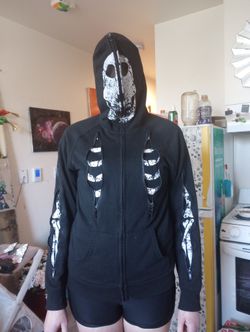 Men's Hidden Zip Up Skeleton Hoodie, Rude, Size Small