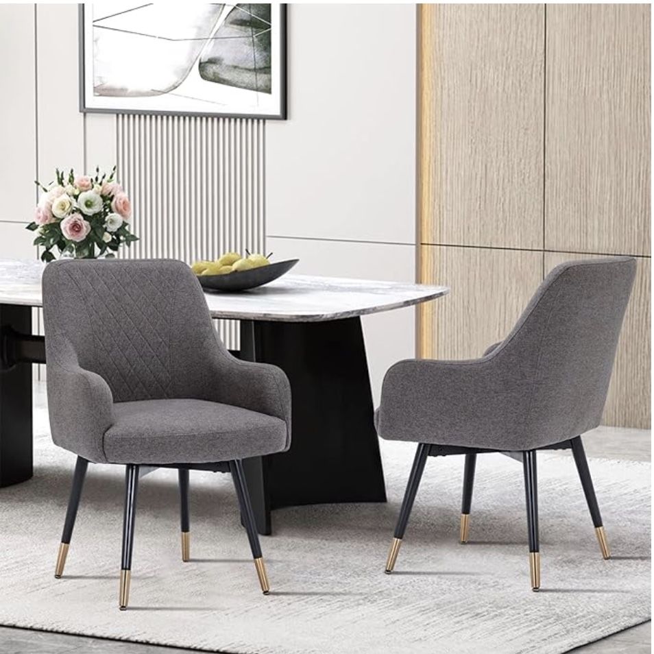 Brand New (Still In Box) 2 Swivel Dining Chairs, Grey Office Desk Chairs, Upholstered, Fabric, Armrest