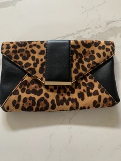 INC Black Leather/ Leopard Fabric Clutch/ Crossbody Purse