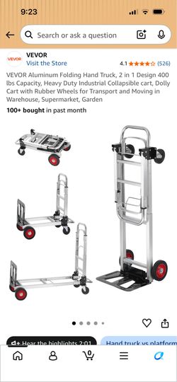 VEVOR Aluminum Folding Hand Truck, 2 in 1 Design 400 lbs Capacity