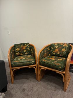 Pair of Vintage Rattan Wicker Barrel Chairs with Floral Cushions