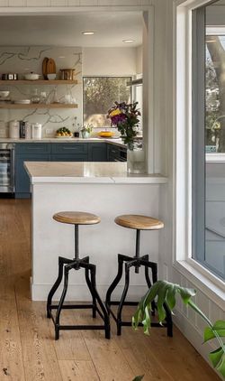 Pair of Industrial Adjustable Swivel Bar Stools - Wood & Black Metal
