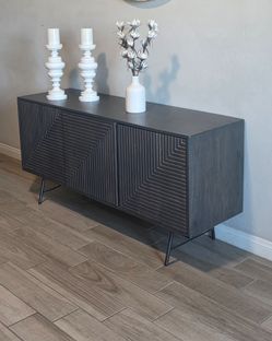 Neo 3-Door Solid Mango Wood Sideboard. Can be used as an Entryway Table, TV Console or Accent Piece.

59"W x 18"D x 29"H 

Smoke Grey Finish

Decor No