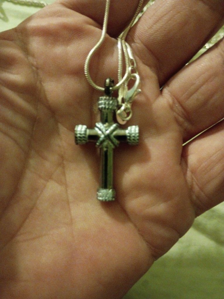 Cremation Cross Urn Pendant On A Skinny Silver Necklace 