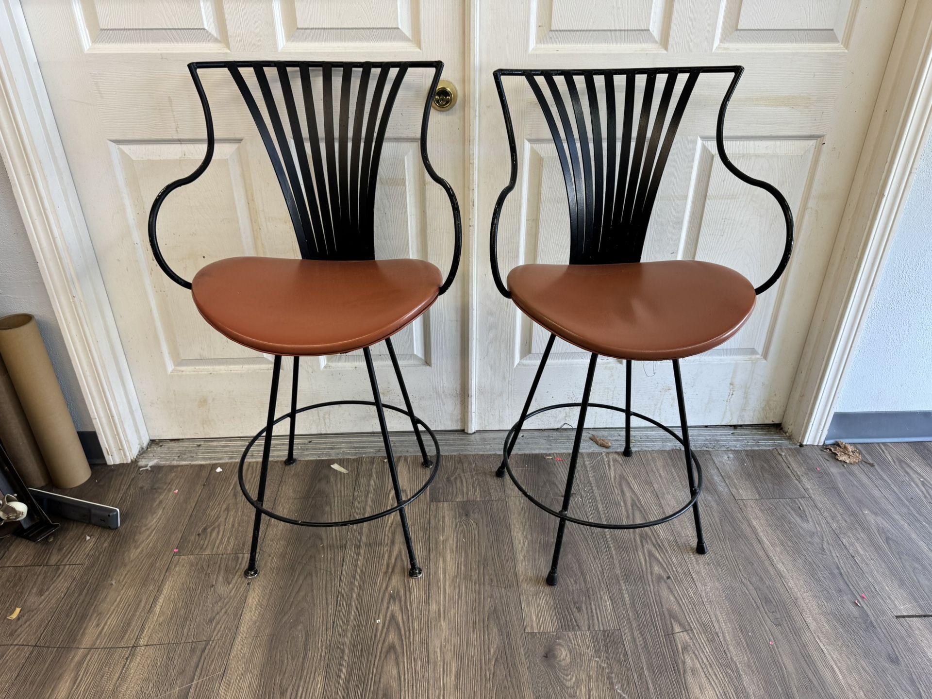 PAIR OF METAL SWIVEL BAR STOOLS + FREE DAMAGED CHAIR