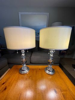 Matching Pair of Clear Glass & Brushed Nickel Table Lamps