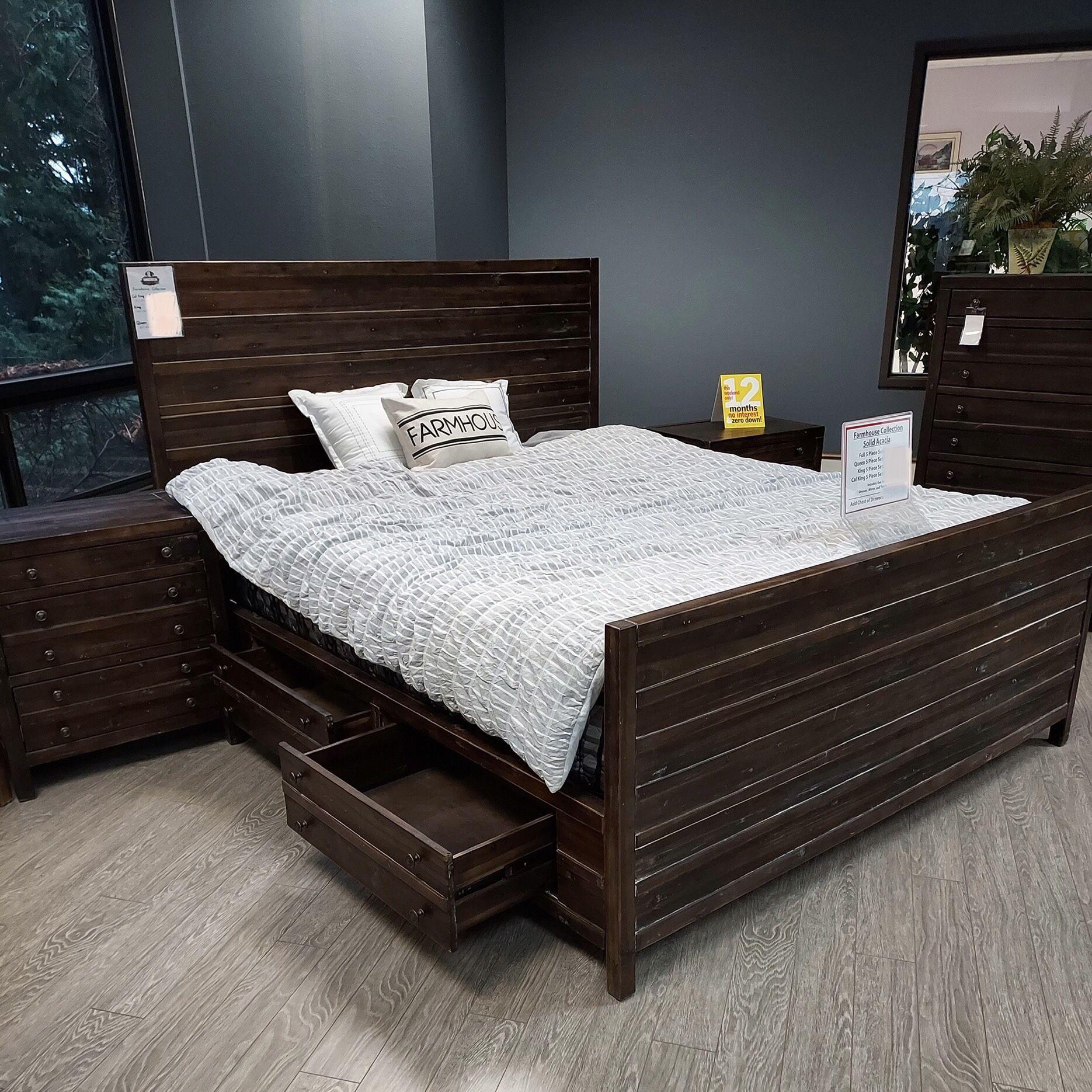 Solid Acacia Wood Bed Frame w Storage Drawers - Farmhouse