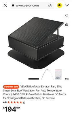 VEVOR Roof Attic Exhaust Fan, 35W Smart Solar Roof Ventilation Fan Auto Temperature Control, 2400 CFM Airflow Built-in Brushless DC Motor for Cooling 