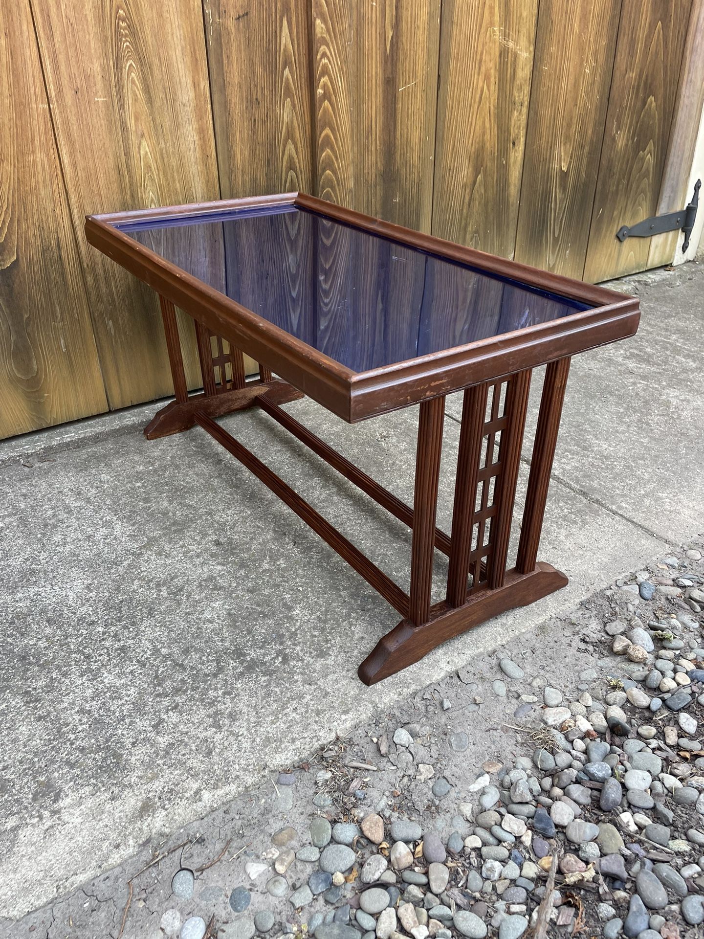 Antique Art Deco Table With Blue Glass
