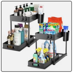 2 Pack Under Sink Organizers and Storage, 2 Tier Pull Out Bathroom Cabinet Organizer, L-Shape Black Under Bathroom Kitchen Sink Organizer with Drawer 