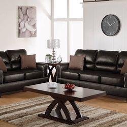 Brown faux leather sofa and love seat set