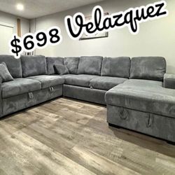 ✅️✅️4 pc Grey  corduroy fabric sectional sofa with storage chaise and love seat and pop up sleep area in center USB charging✅️✅️