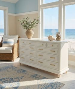 Vintage Ethan Allen Solid Wood Warm White 9 Drawer Dresser -