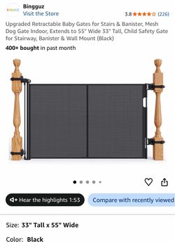 Bingguz Retractable Baby Gate for Stairs & Banister, 33" Tall x 55" Wide