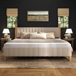 King Size Bed Frame, Wood Bed Frame with Upholstered Headboard, Solid Wood Posts and Feet, No Box Spring Needed, Beige Linen