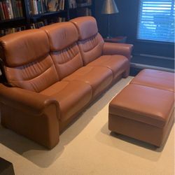 3 Seat leather reclining couch with ottoman 