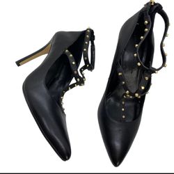 Banana Republic Black Leather Studded Pointed Toe T-Strap Pumps Stud, size 10