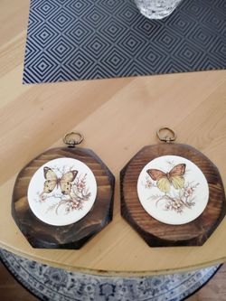 Pair of Octagon Shaped Wooden Wall Butterfly Plaques