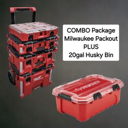 Milwaukee packout, 4pc, Good Condition, Includes new 20gal HUSKY STORAGE TOTE