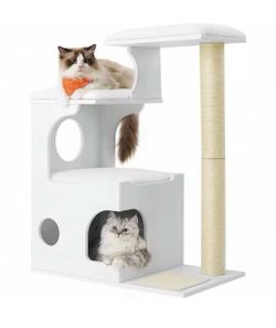 Cat Tree, 33.8-Inch Modern Cat Tower, Cat Condo With 3 Perches, Scratching Post And Mat, Cave, 4 Removable Washable Cushions, Cloud White UPCT070W01