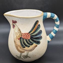 Vintage  Rustic Rooster Pitcher In Teal and Creams