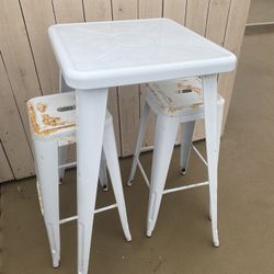 White Metal Industrial Outdoor High Bar Table And Two Stools