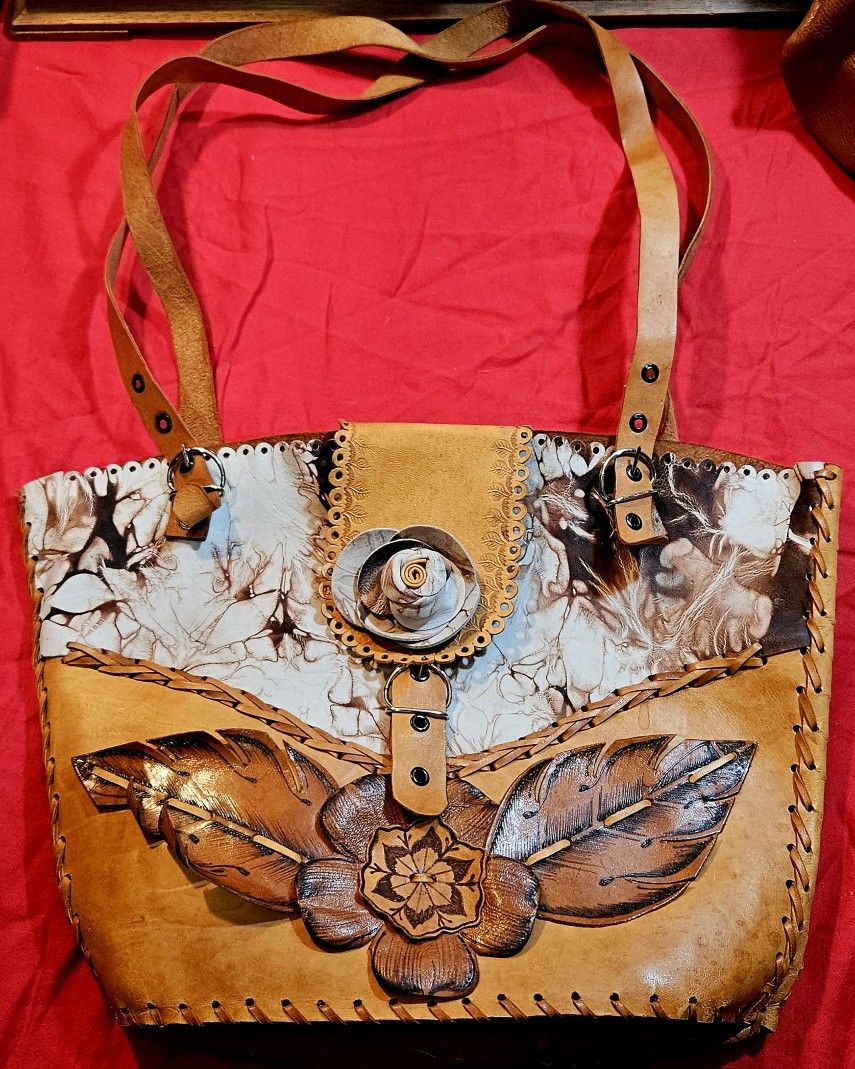 Vintage Costa Rica Hand-Tooled Leather Bag - Floral Carving, Mixed Media Tote