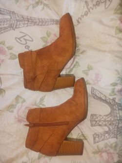 (Size 7, Brown) Women's Taupe Suede Ankle Booties with Stacked Heel