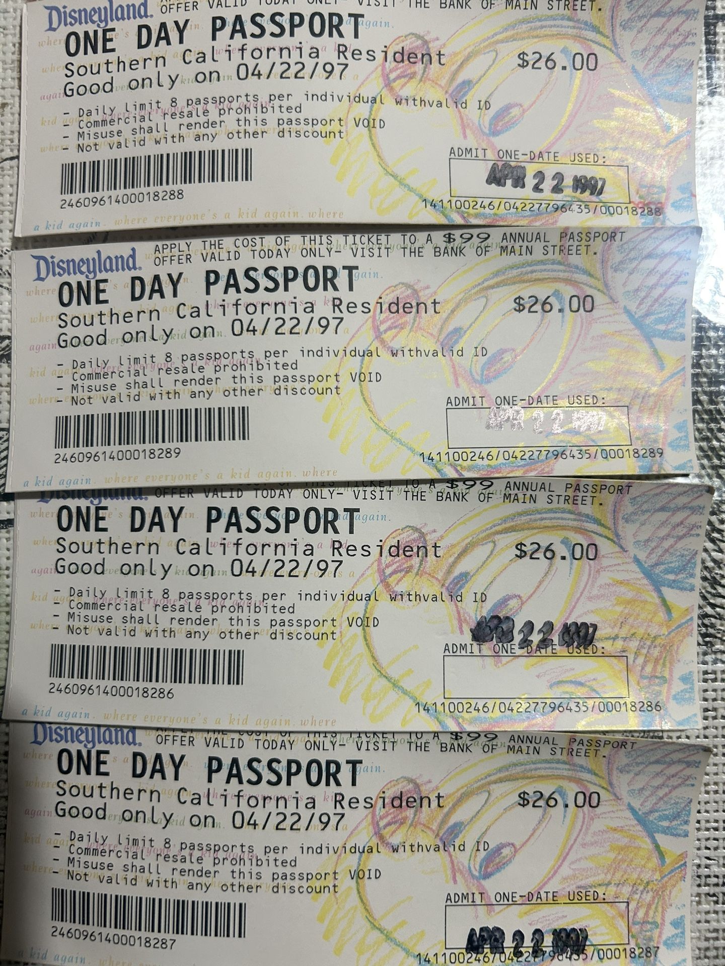 (4) 1997 Vintage Disneyland One Day Passport Ticket